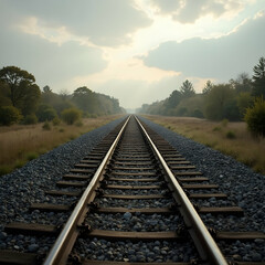 Railway Tracks Stretching Into the Distance with Overcast Sky