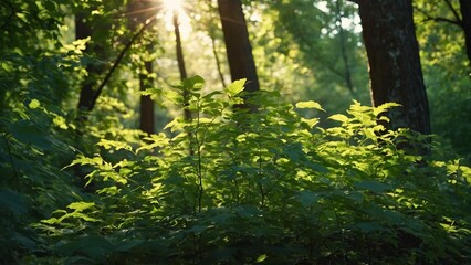 Green leaves forest in summer morning sunlight. Sun rays break through fresh foliage branch. Bright green trees leaves waving in wind. Beautiful bokeh background. Sun shining. Abstract slow motion See