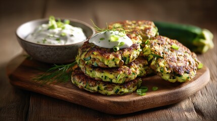 Delicious zucchini fritters topped with creamy sauce.