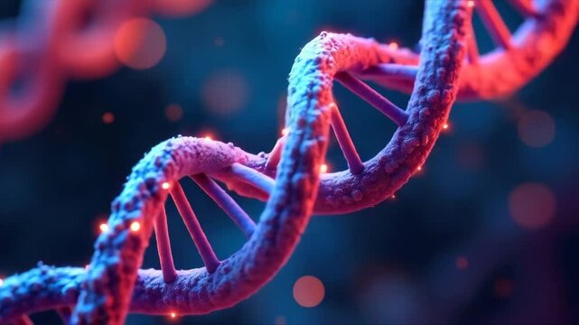 Spiral of Blue DNA double helix with light bokeh and bubble on beautiful blue background.