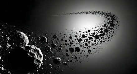 Obraz premium Monochrome Asteroid Field with Dark Space Rocks and Bright Light