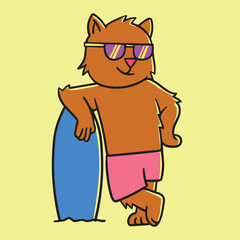 Surfing Cat in a Cool Standing Pose with Board