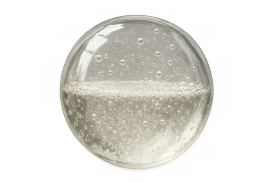 Round glass flask filled with bubbling fluid, isolated on a transparent background, perfect for scientific or cosmetic visuals