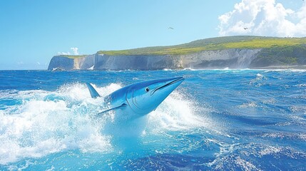 Naklejka premium Oceanic Fish Leaping, Coastal Cliffs
