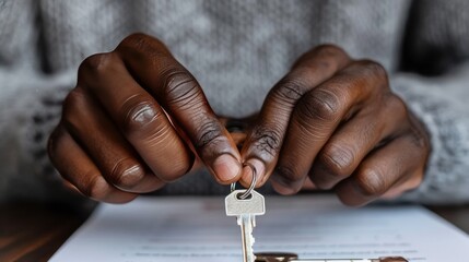 Obraz premium Hands holding a key above signed document, representing the acquisition of property, new beginning, achieving financial freedom and home ownership, future success.