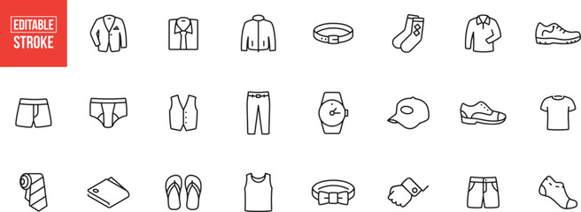 Clothing and Apparel Icon Set – Fashion, Outfit, Wear, Clothes, Shirt, Pants, Wardrobe, Dress, Hoodie, Trousers, Shopping, Jacket, Garment, Style, Icon