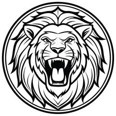 Obraz premium Fierce lion head roaring in a circular emblem silhouette