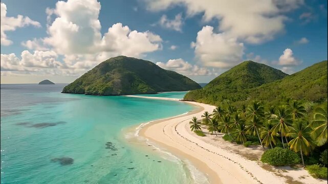 Aerial drone time lapse shot of a tropical island with turquoise water and white sand beach, cloudy sunny day, summer vibe