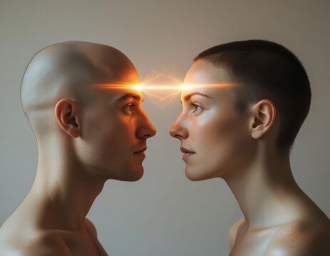 Two heads face each other with a glowing connection of light between them.