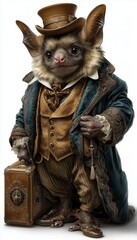 BAT Anthropomorphic animal dressed in victorian era clothing illustration, standing on back legs like human, isolated on white backrgound