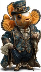 Clown fish Anthropomorphic animal dressed in victorian era clothing illustration, standing on back legs like human, isolated on white backrgound