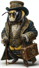 Bee Anthropomorphic animal dressed in victorian era clothing illustration, standing on back legs like human, isolated on white backrgound