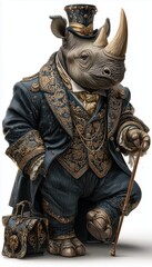 Rhino Anthropomorphic animal dressed in victorian era clothing illustration, standing on back legs like human, isolated on white backrgound