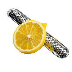 Citrus Zest: A vibrant lemon half rests alongside a grater, creating a mouthwatering invitation to enhance culinary creations with fresh citrus zest.