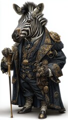 Zebra Anthropomorphic animal dressed in victorian era clothing illustration, standing on back legs like human, isolated on white backrgound