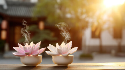 Delicate porcelain teacups with floating lotus flowers, bathed in golden sunset light for Qixi Festival.