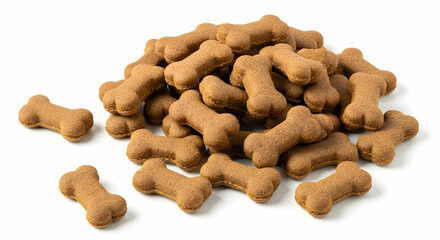 Fototapeta premium Pile of Brown Bone Shaped Dog Treats on White Background
