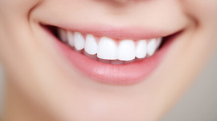 Obraz premium A close-up of bright white teeth with a natural smile, softly lit against a clean background.