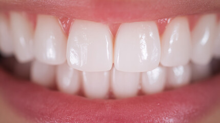 A close-up of bright white teeth with a natural smile, softly lit against a clean background.