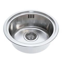 Stainless Steel Kitchen Sink: A pristine, circular stainless steel kitchen sink, meticulously crafted for modern functionality and enduring design, presented in a clean, minimalist style.