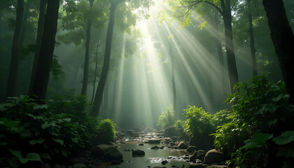 Obraz premium Sunbeams Streaming Through Misty Forest with Flowing Stream