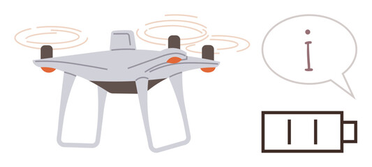 Compact drone hovering with spinning rotors, low battery icon, and speech bubble conveying information. Ideal for technology, automation, innovation, aerial photography, delivery system