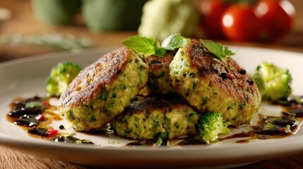 Delicious herb and broccoli patties drizzled with a dark sauce.