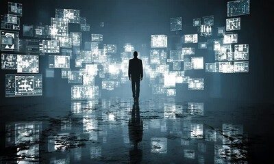 Silhouette of a person standing amidst a digital interface - Powered by Adobe