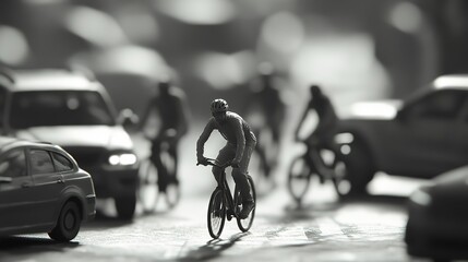 Miniature figures of people cycling in a busy city street