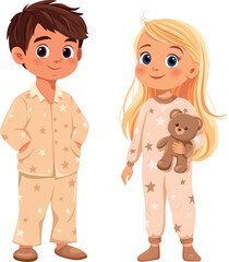 Cartoon boy and girl in cozy pajamas with teddy bear vector illustration