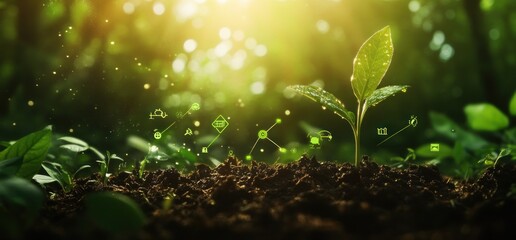 Sustainable Growth: A Young Plant Flourishes in a Lush Forest Setting, Symbolizing Environmental Conservation and Technological Advancement in Agriculture.