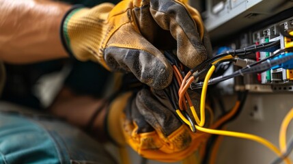 Close up shows a skilled electrician meticulously connecting colorful wires to a complex electrical panel with precision and safety measures taken.