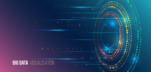 Abstract circular interface with glowing rings and binary code on a gradient background. A futuristic concept for big data processing, analytics, and digital technology.
