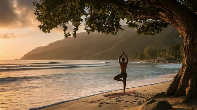 Tranquil Yoga on the Shoreline: A serene figure strikes a balancing yoga pose on a sandy beach, beneath a sprawling tree. In the soft glow of the setting sun.