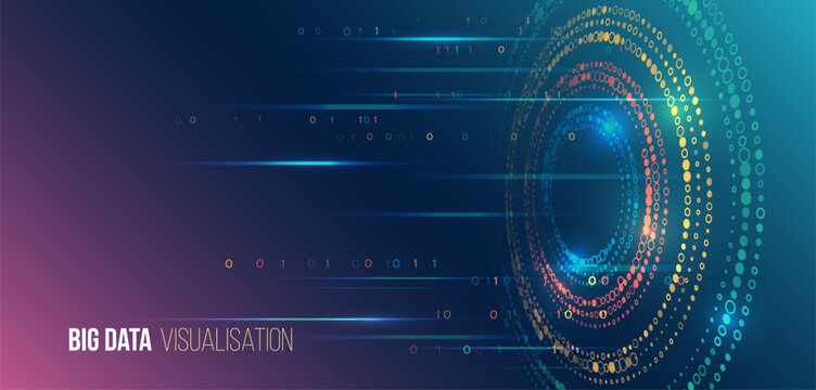 Abstract circular interface with glowing rings and binary code on a gradient background. A futuristic concept for big data processing, analytics, and digital technology.