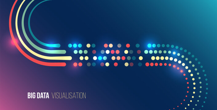 Modern design illustrating analysis and information flow. For high-tech presentations. Abstract big data visualization with colored circles and wavy lines on gradient background.