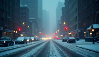 Obraz premium Driving on Snowy City Street in Winter, Urban Road Scenery