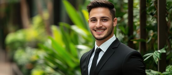 Portrait of a Smiling Young Businessman in a Lush Garden