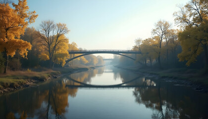 River Flowing Under Bridge in Autumn Landscape