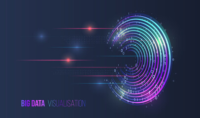 Abstract circular interface with glowing rings and binary code on a gradient background. A futuristic concept for big data processing, analytics, and digital technology.