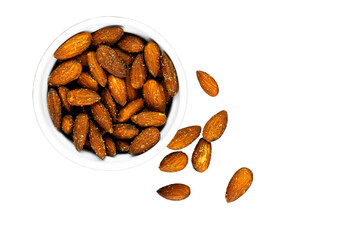 Closeup of raw almonds and mixed nuts in a bowl, natural healthy snack, brown and white, isolated,...