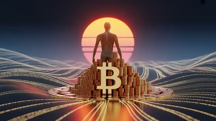 A digital silhouette stands before a stylized Bitcoin symbol, surrounded by abstract waves, with a vibrant sunset in the background.