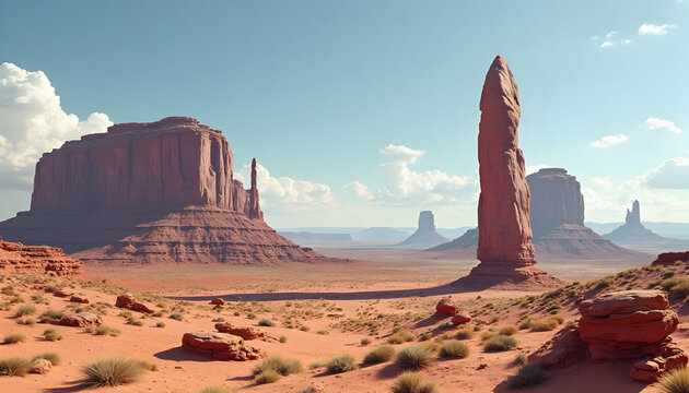 Monument Valley Desert Landscape with Rock Formations Under Blue Sky - Powered by Adobe