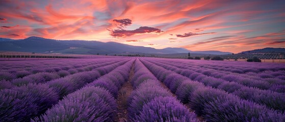 A scenic panorama reveals a lavender field at sunset, the rows of purple flowers stretch towards mountains under a vibrant, colorful sky