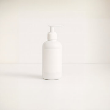 White cosmetic pump bottle mockup with blank label, isolated on white background, perfect for skincare, soap, lotion, or hygiene product branding and packaging design presentation

