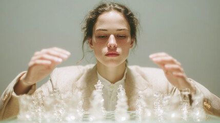 A woman plays chess. Close-up. A young woman in a stylish jacket raised her hands over glass chess pieces on a light background. Glass translucent chess.