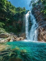 A breathtaking waterfall plunges into a clear, blue pool, surrounded by lush green forest and rocky cliffs, highlighting the natural beauty and serenity of the scene