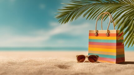 Colorful shopping bag and sunglasses on sandy beach with palm tree  