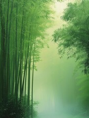 A tranquil bamboo forest, with its vibrant green foliage, evokes a sense of peace and a soft, misty atmosphere, perfect for a nature scene