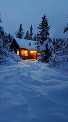 A cozy cabin glows with warm light amidst a snowy winter scene, offering a tranquil escape and inviting atmosphere in nature's embrace